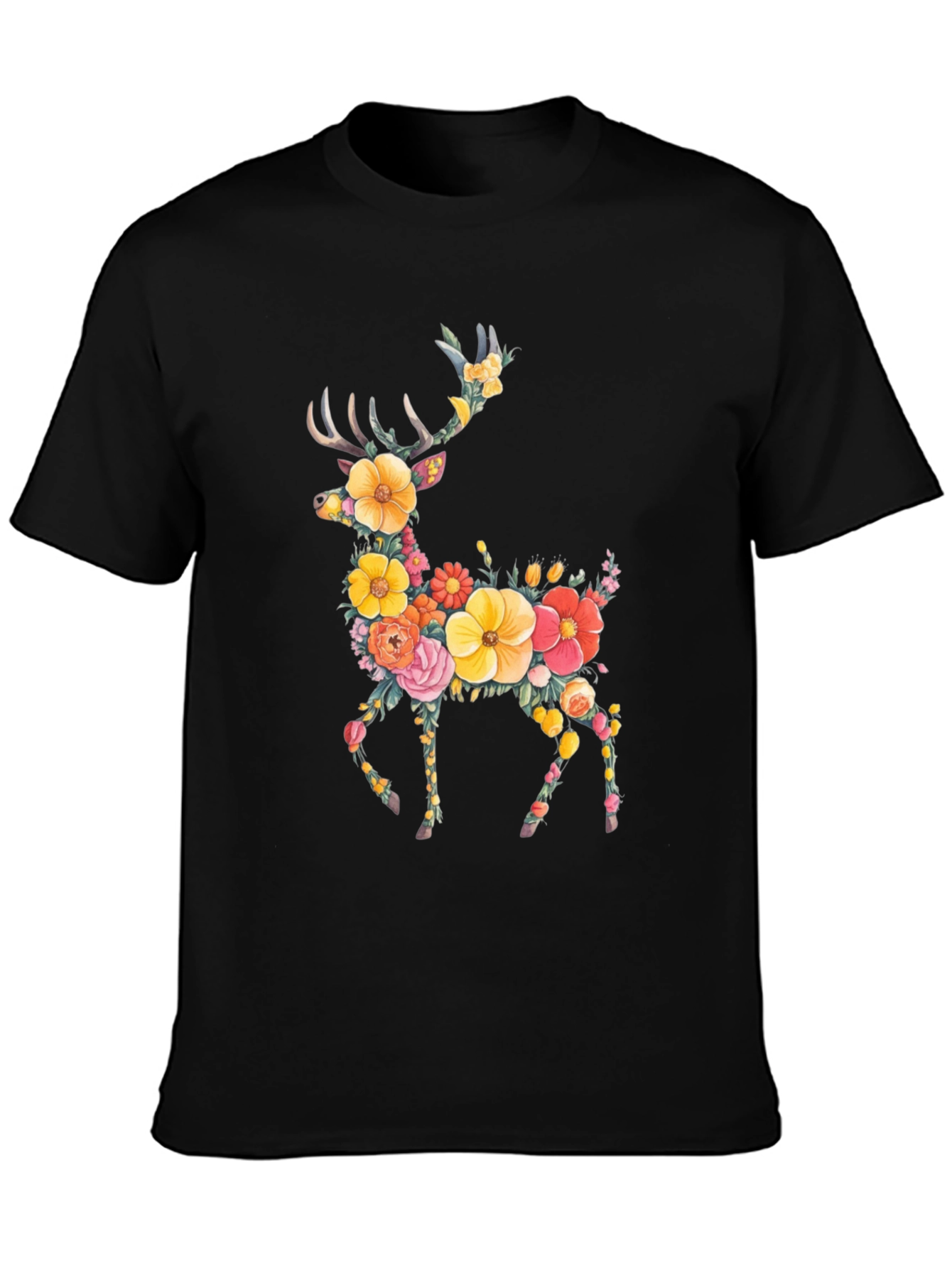 Floral Deer Graphic Tee - Black Unisex T-Shirt