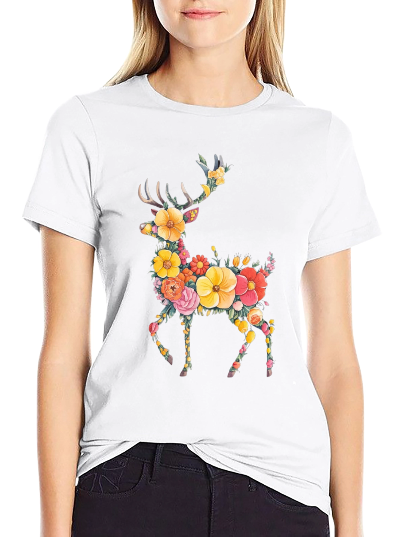 Floral Deer Graphic Tee - Black Unisex T-Shirt