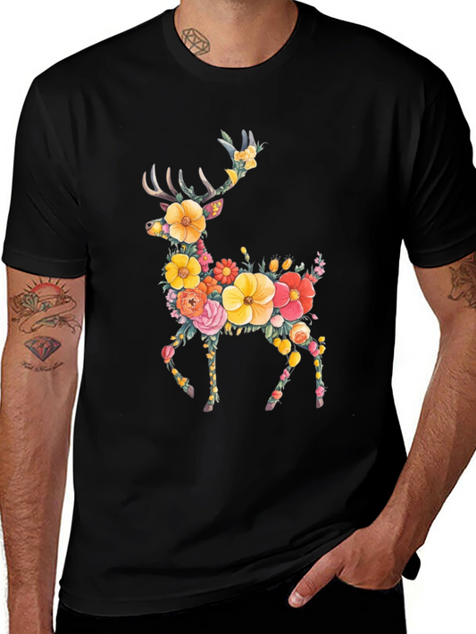 Floral Deer Graphic Tee - Black Unisex T-Shirt