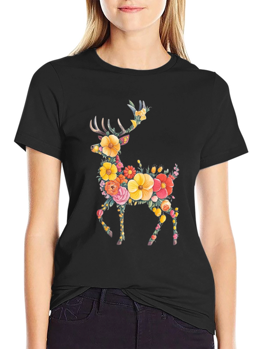 Floral Deer Graphic Tee - Black Unisex T-Shirt