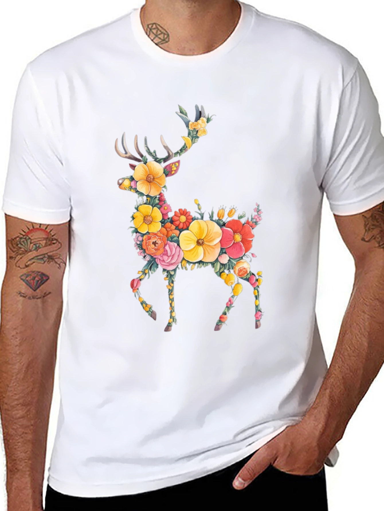 Floral Deer Graphic Tee - Black Unisex T-Shirt
