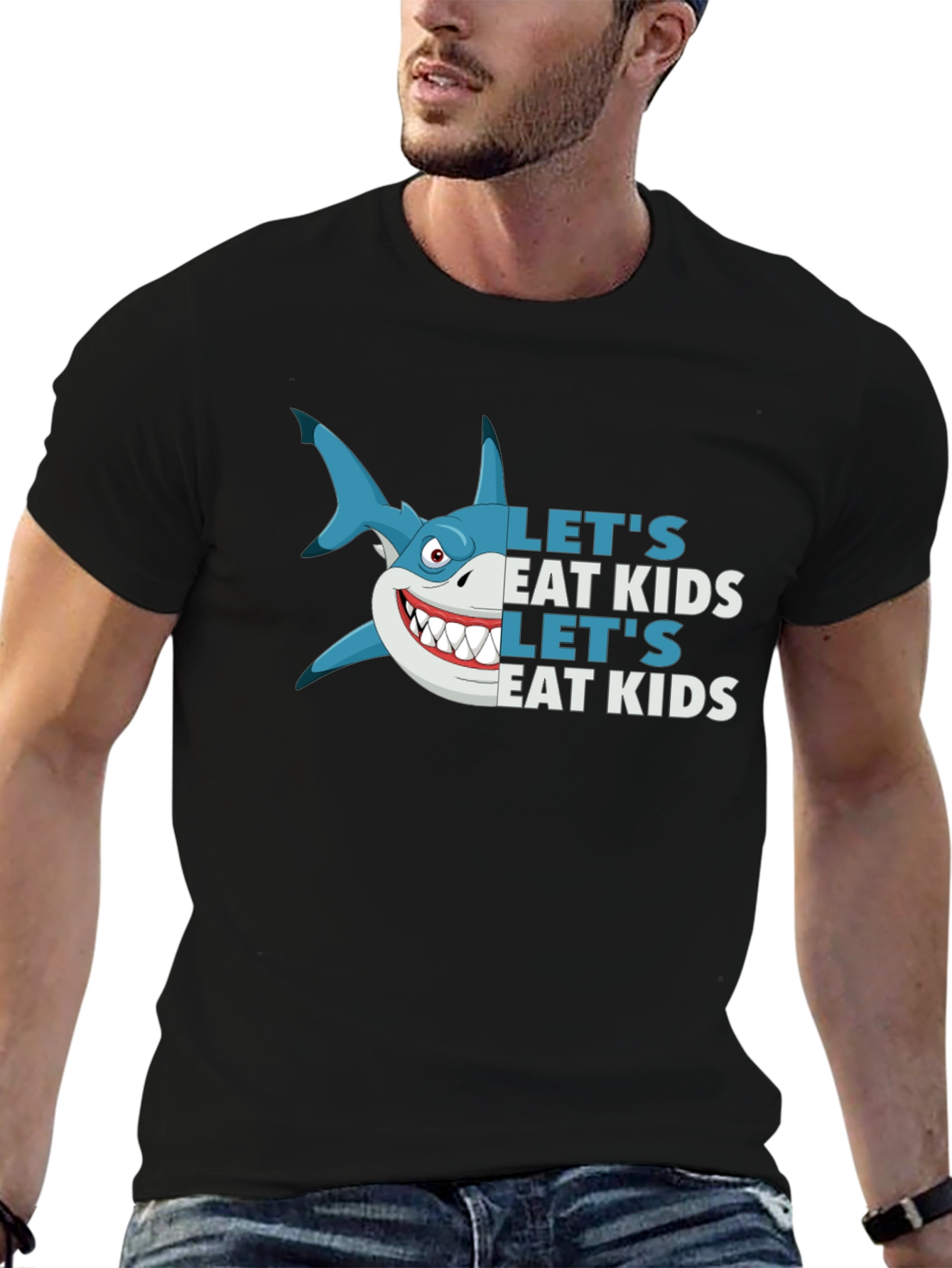 Funny Shark Lets Eat Kids Black Graphic Tee