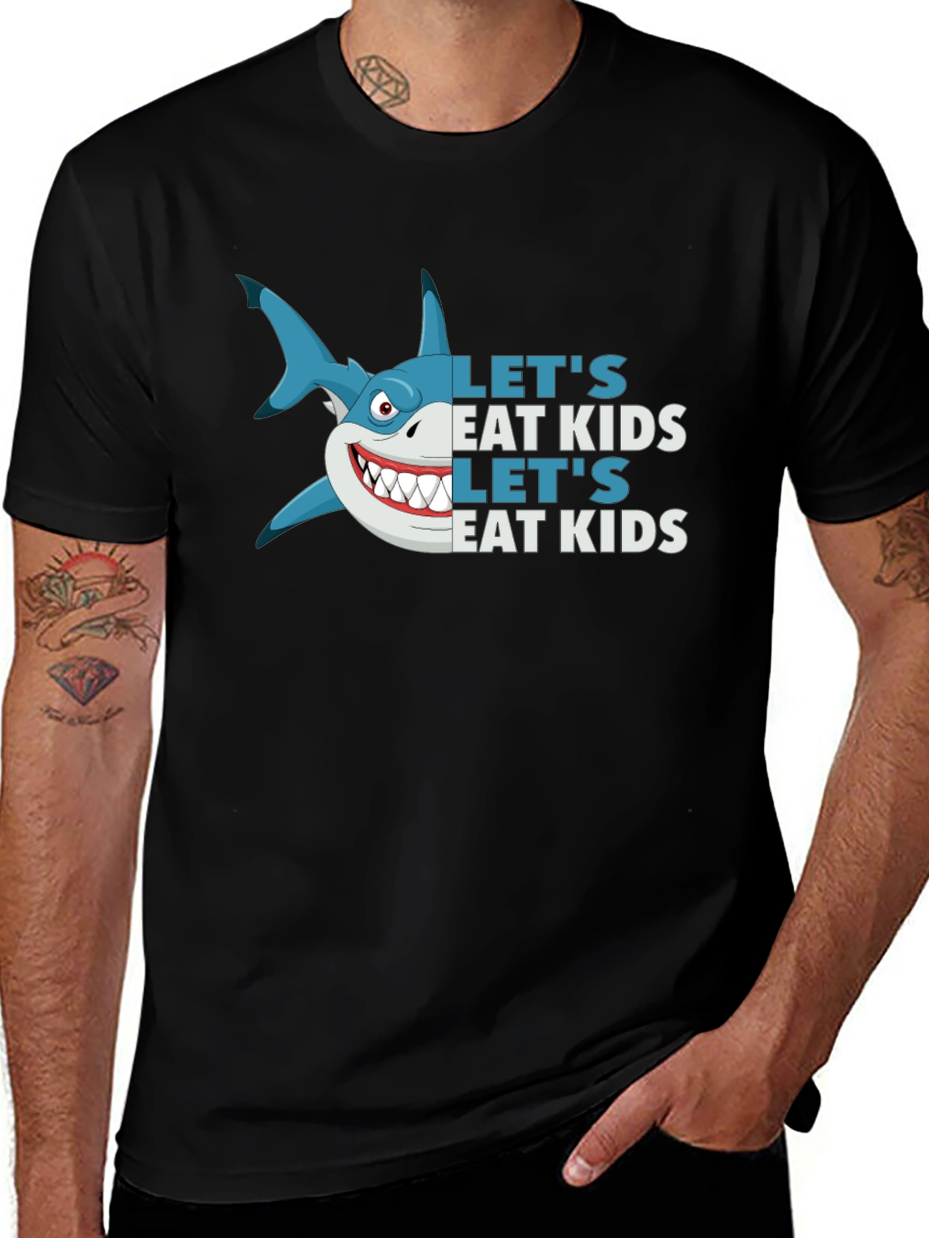 Funny Shark Lets Eat Kids Black Graphic Tee