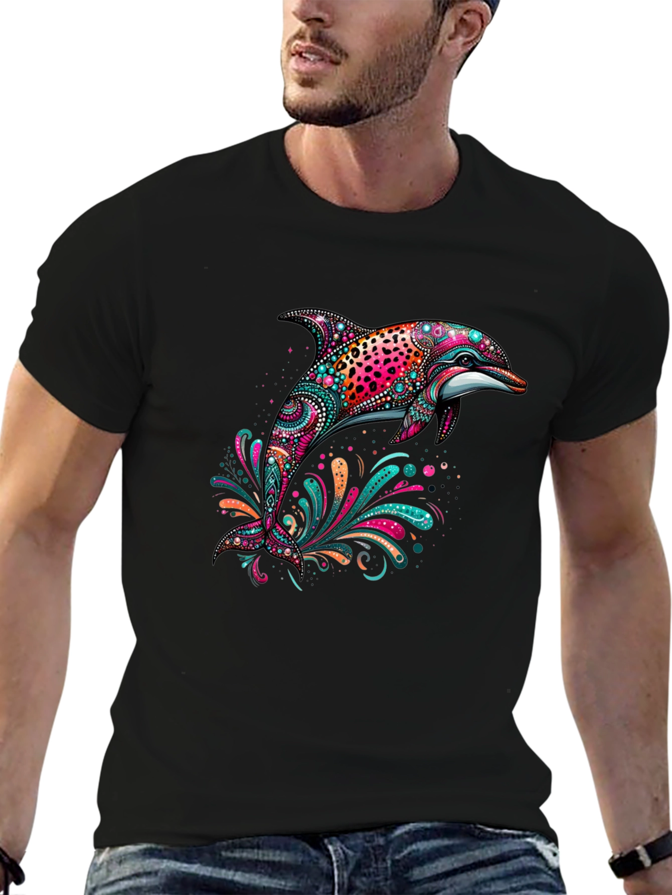 Dolphin Art Print Black Tee