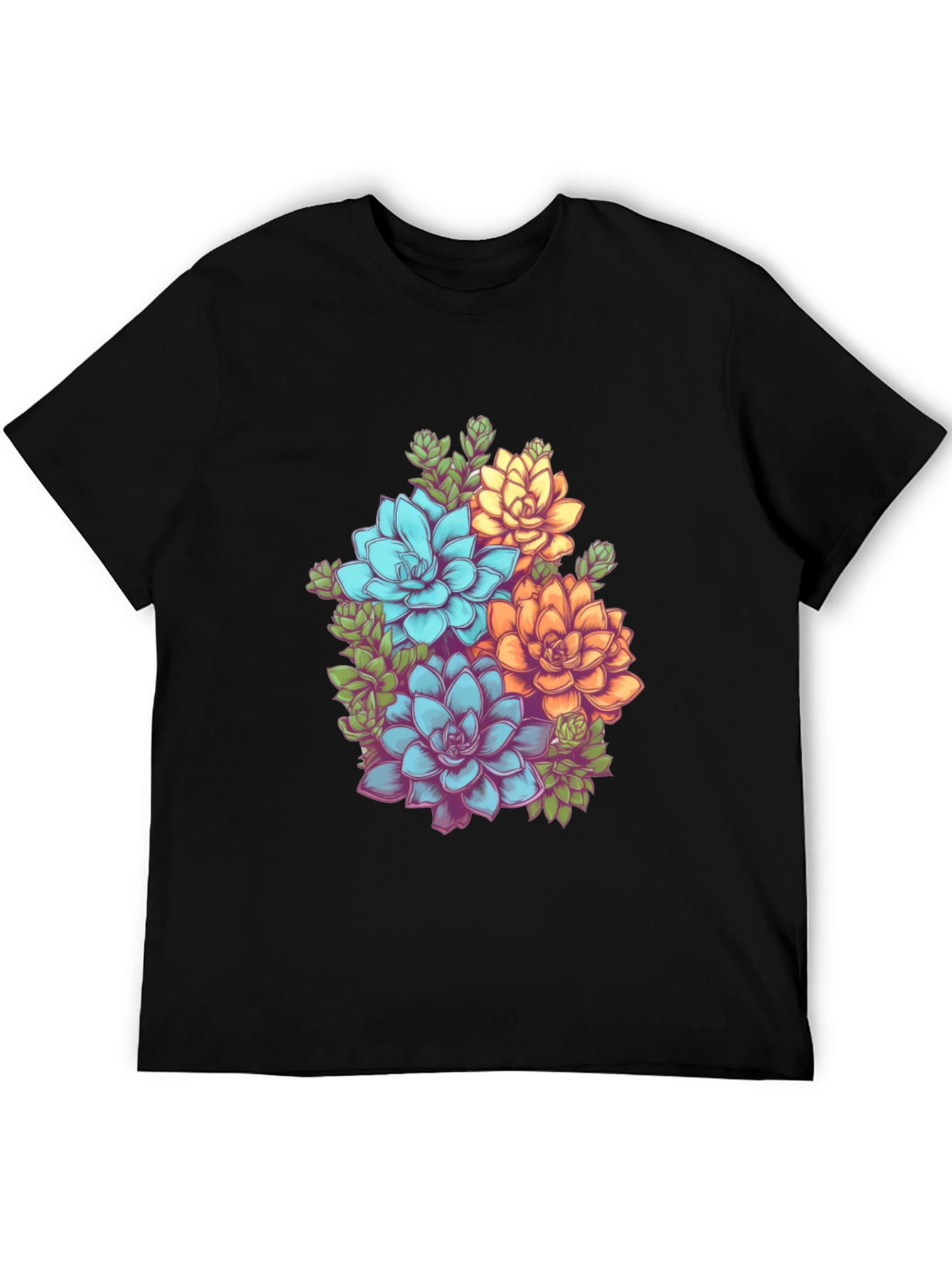 Floral Succulent Graphic Tee - Black Cotton T-Shirt