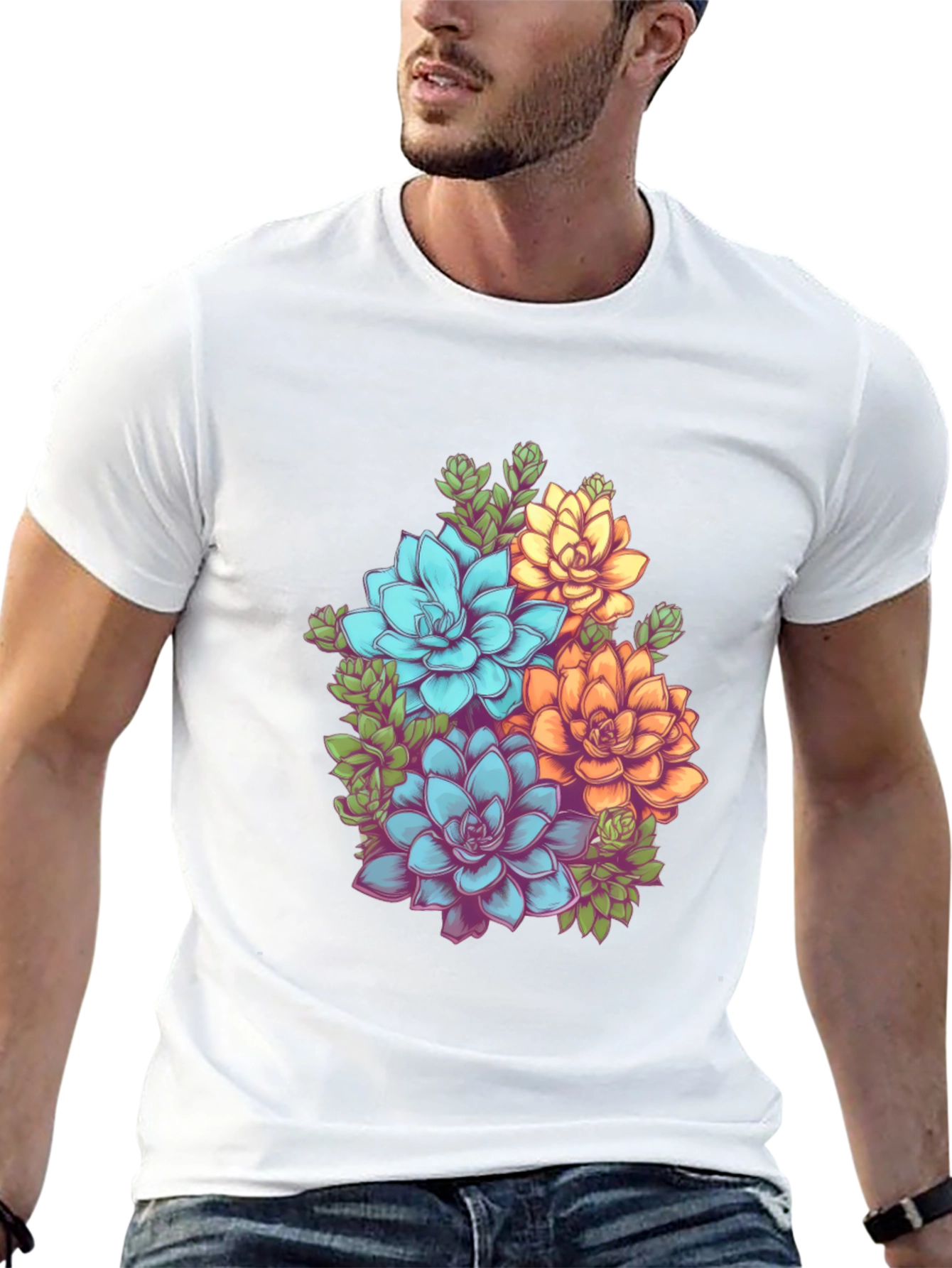 Floral Succulent Graphic Tee - Black Cotton T-Shirt