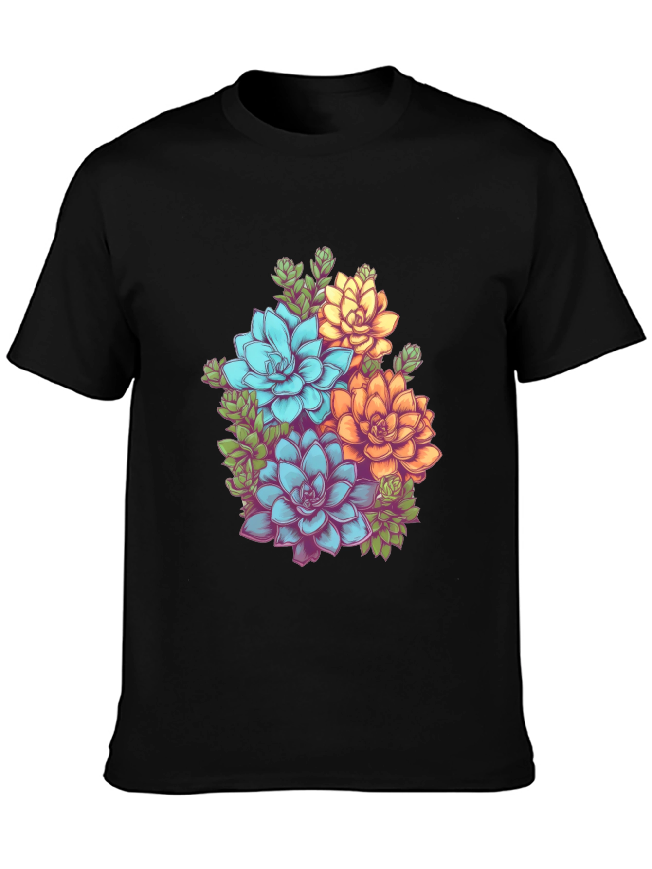 Floral Succulent Graphic Tee - Black Cotton T-Shirt