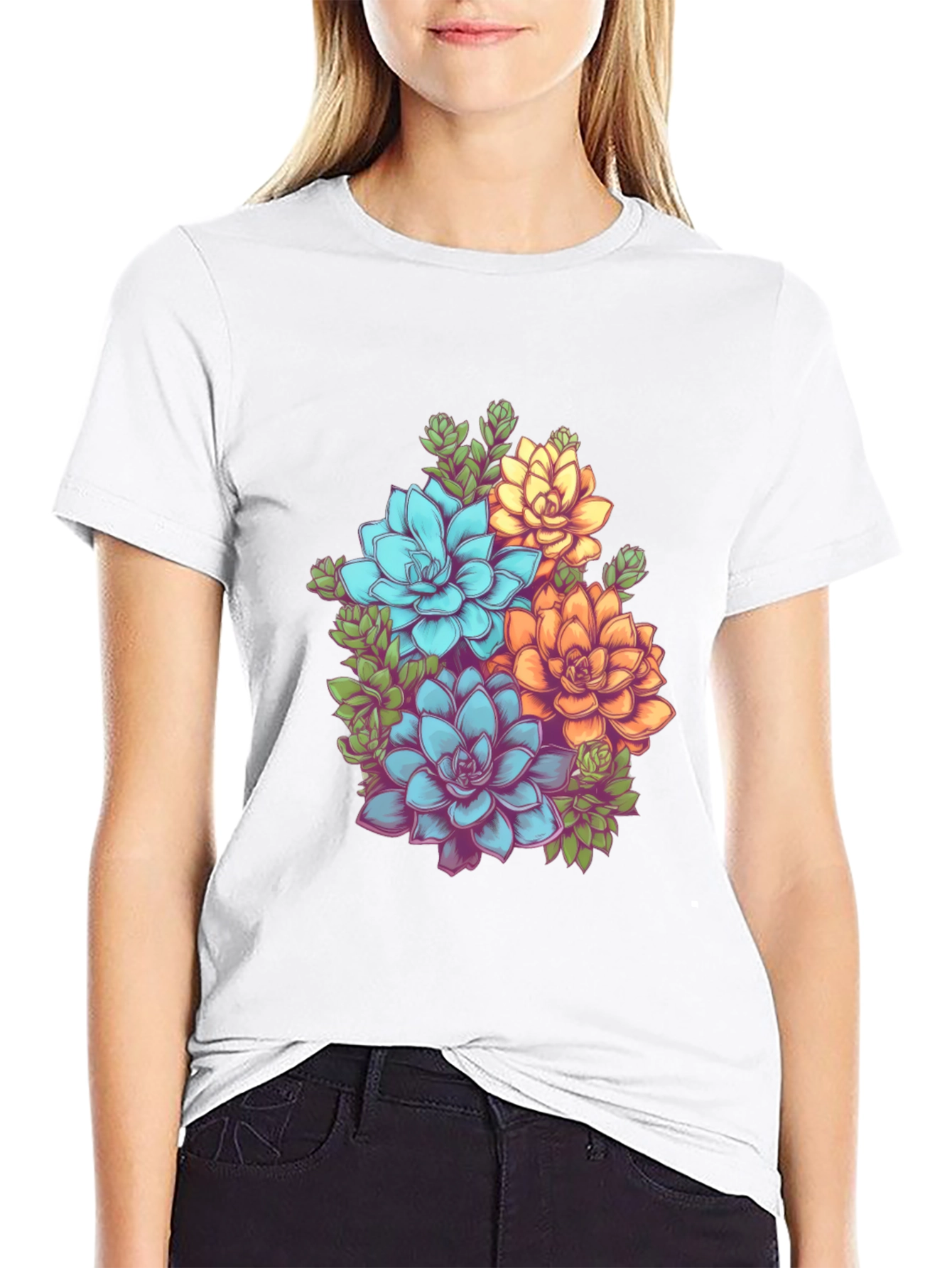Floral Succulent Graphic Tee - Black Cotton T-Shirt
