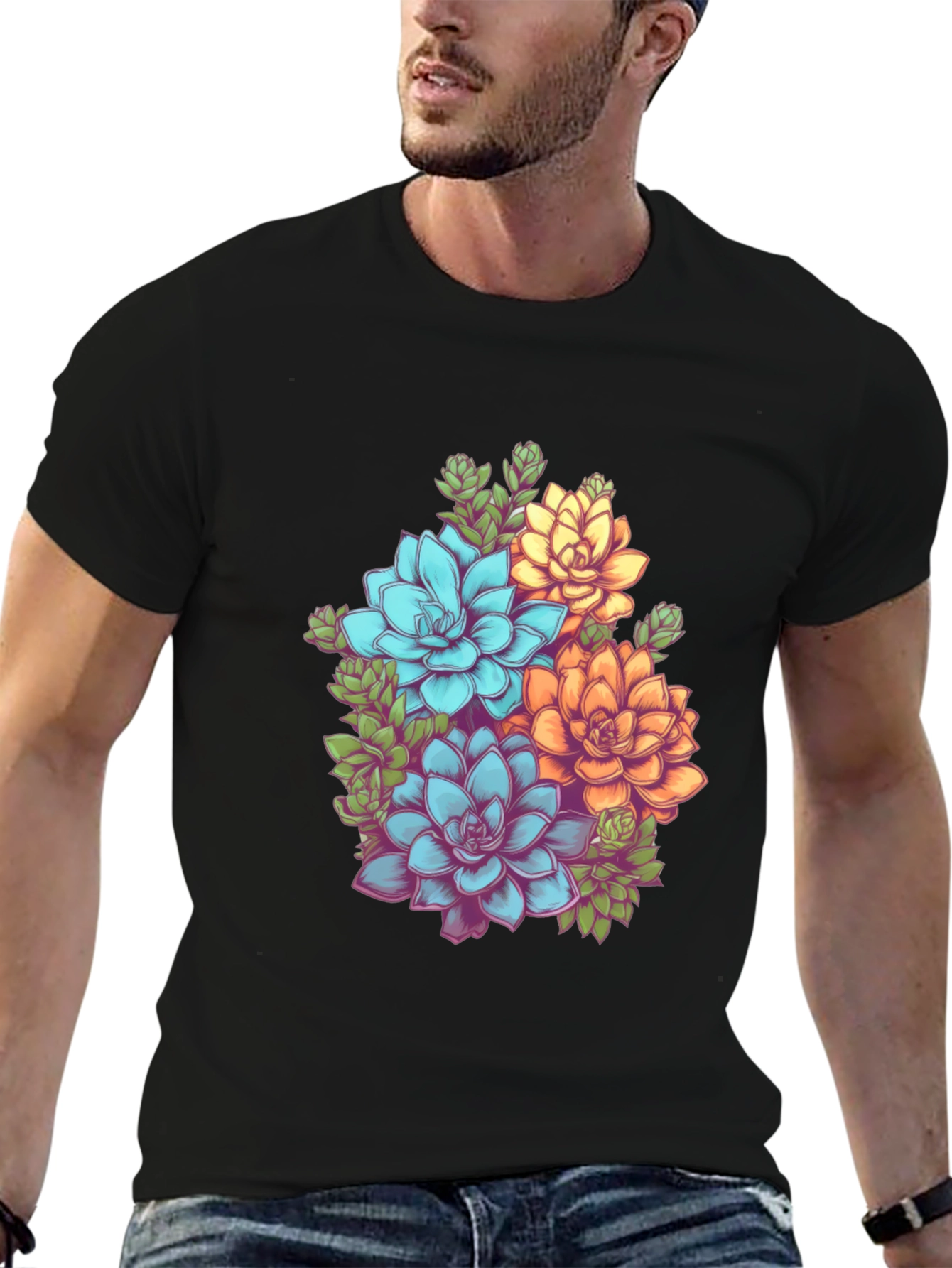 Floral Succulent Graphic Tee - Black Cotton T-Shirt