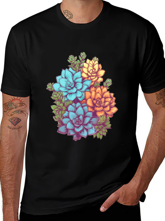 Floral Succulent Graphic Tee - Black Cotton T-Shirt