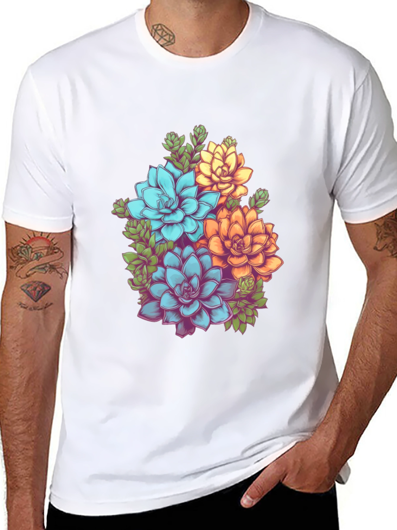 Floral Succulent Graphic Tee - Black Cotton T-Shirt