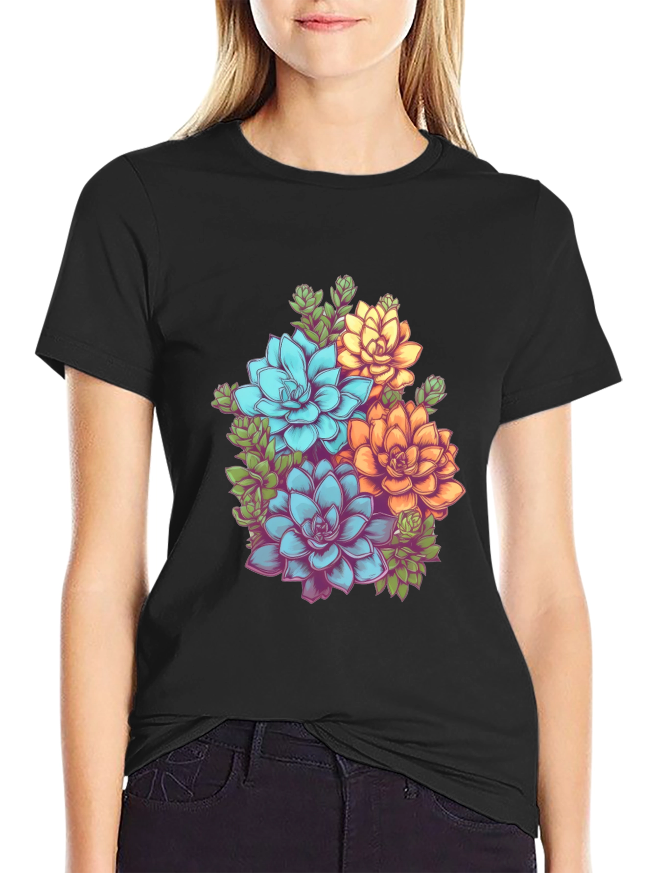 Floral Succulent Graphic Tee - Black Cotton T-Shirt