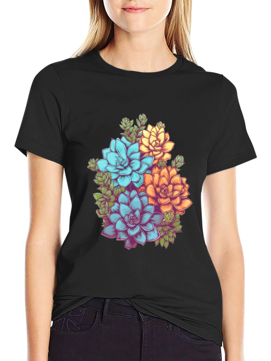 Floral Succulent Graphic Tee - Black Cotton T-Shirt