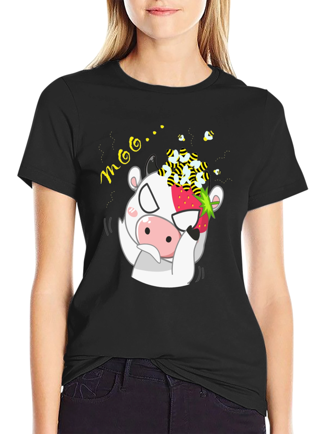 Funny Cow Strawberry Bee Graphic T-Shirt
