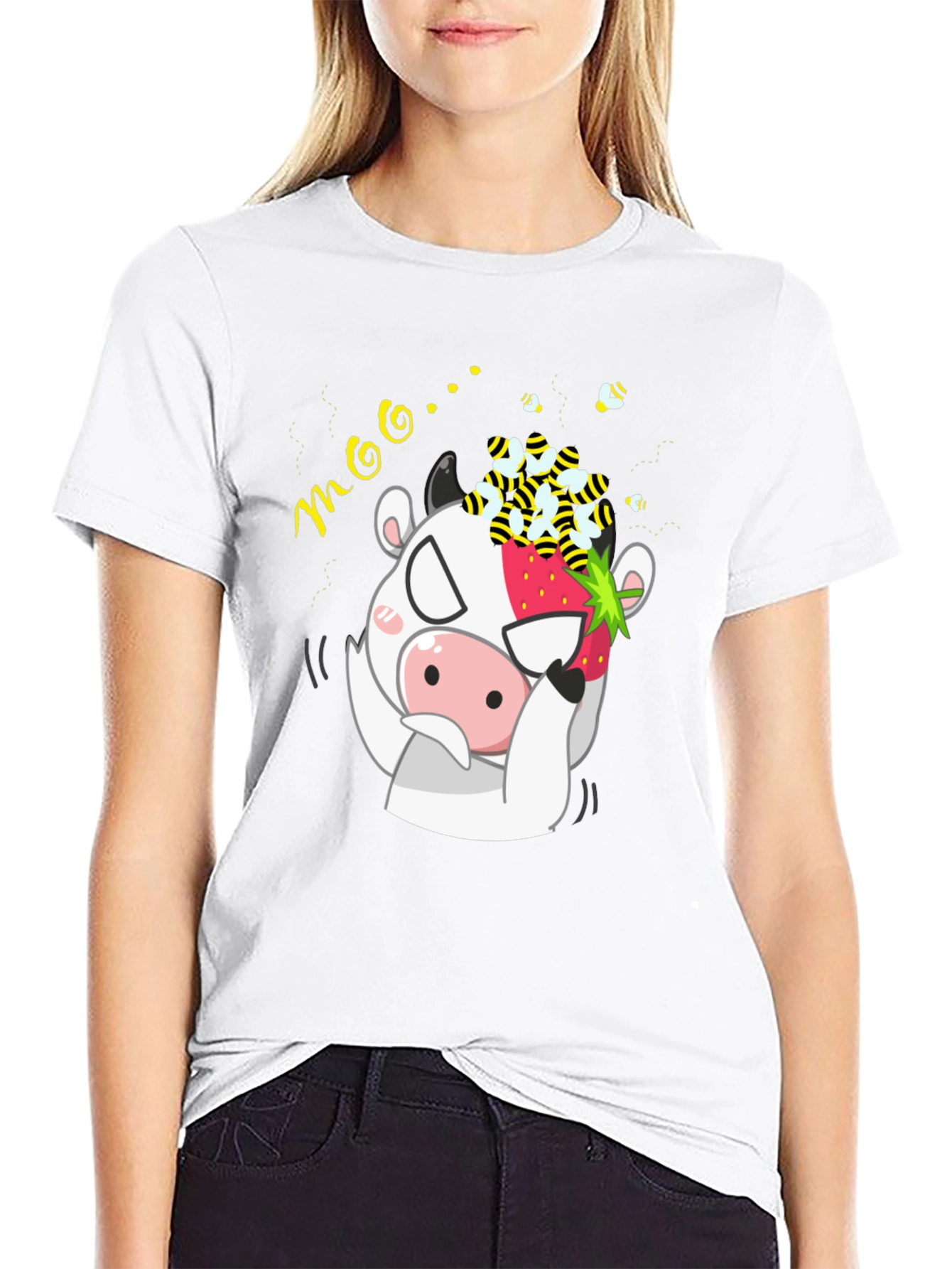 Funny Cow Strawberry Bee Graphic T-Shirt
