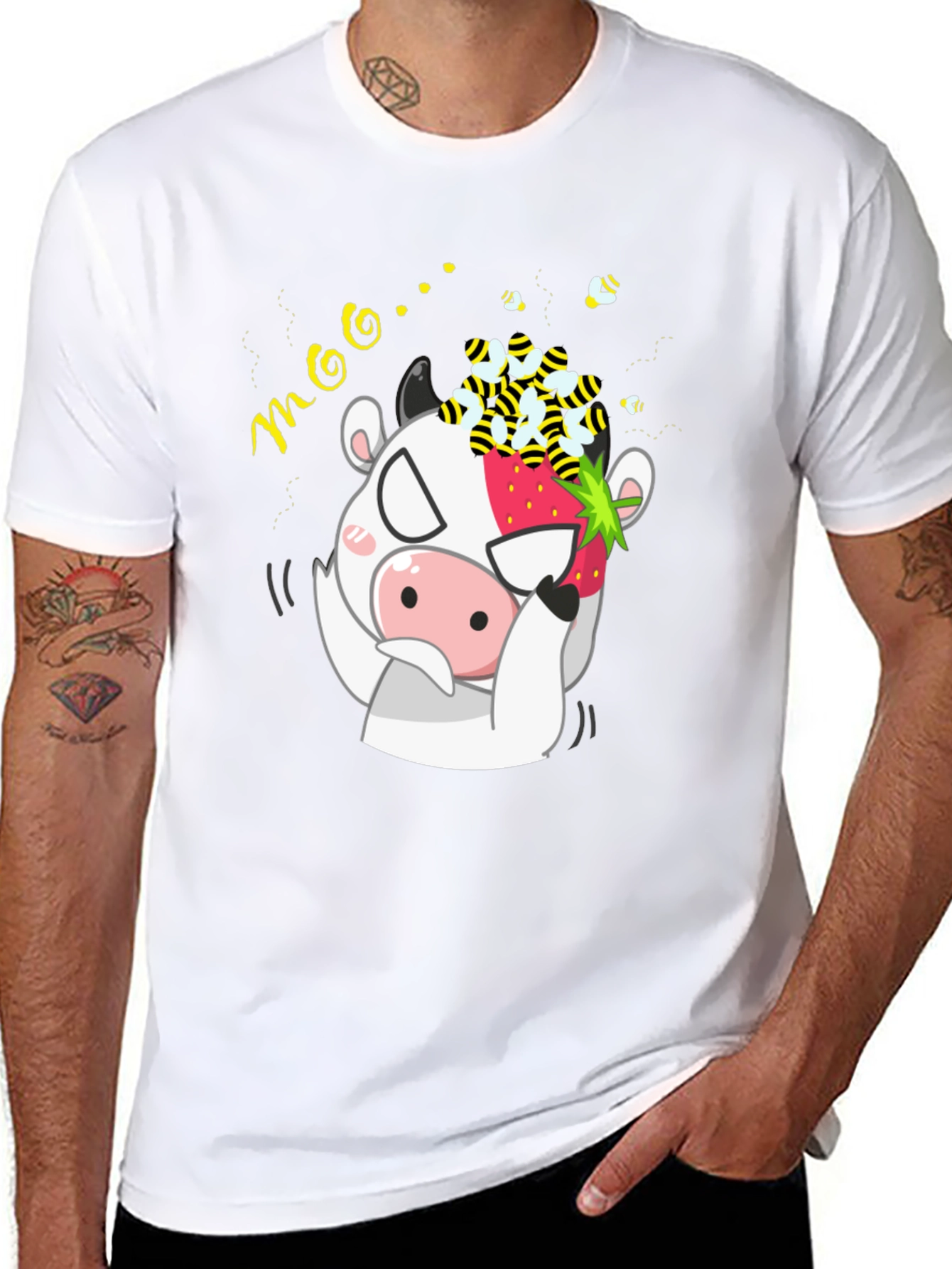 Funny Cow Strawberry Bee Graphic T-Shirt