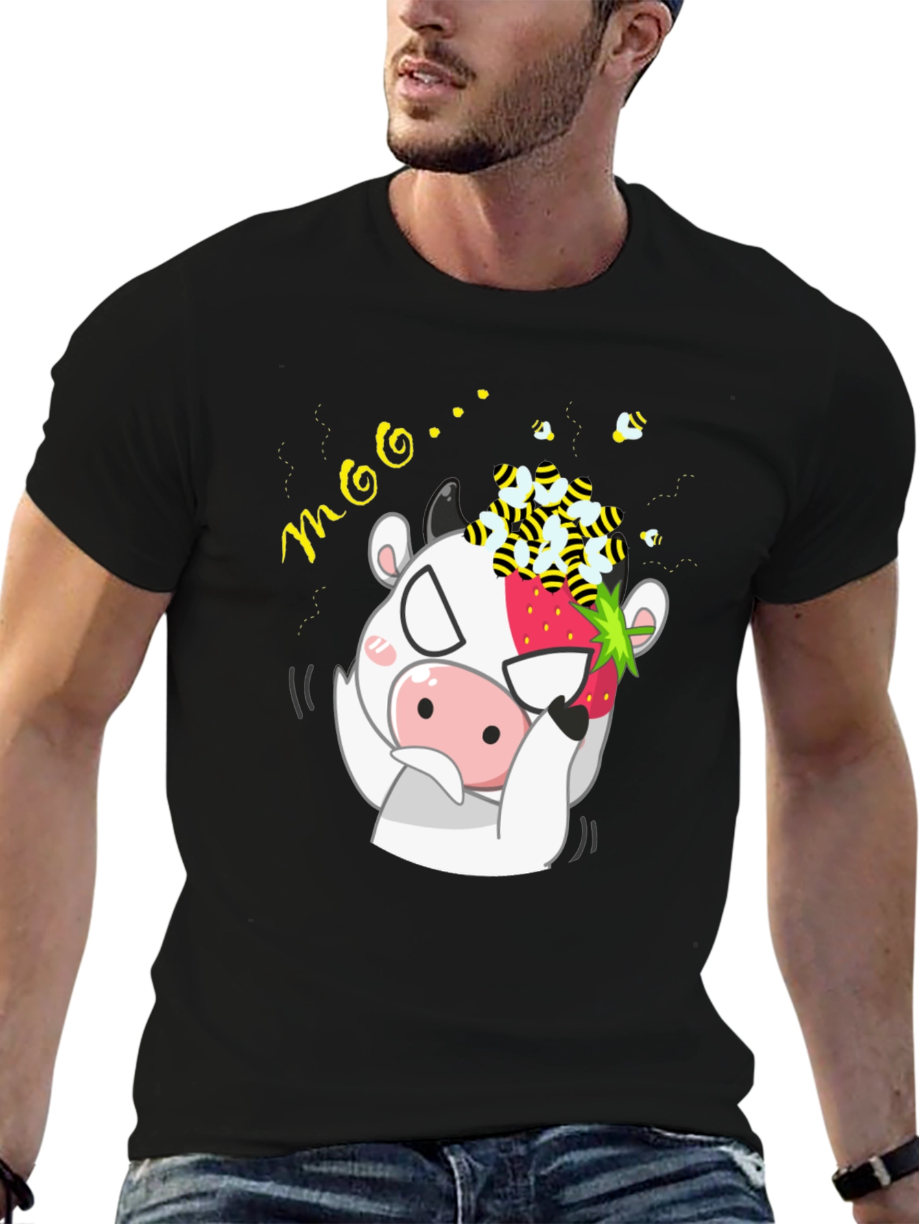 Funny Cow Strawberry Bee Graphic T-Shirt