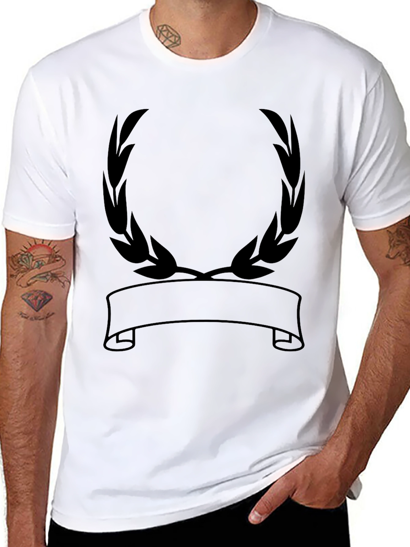 Black Graphic Tee - Laurel Wreath Banner Design