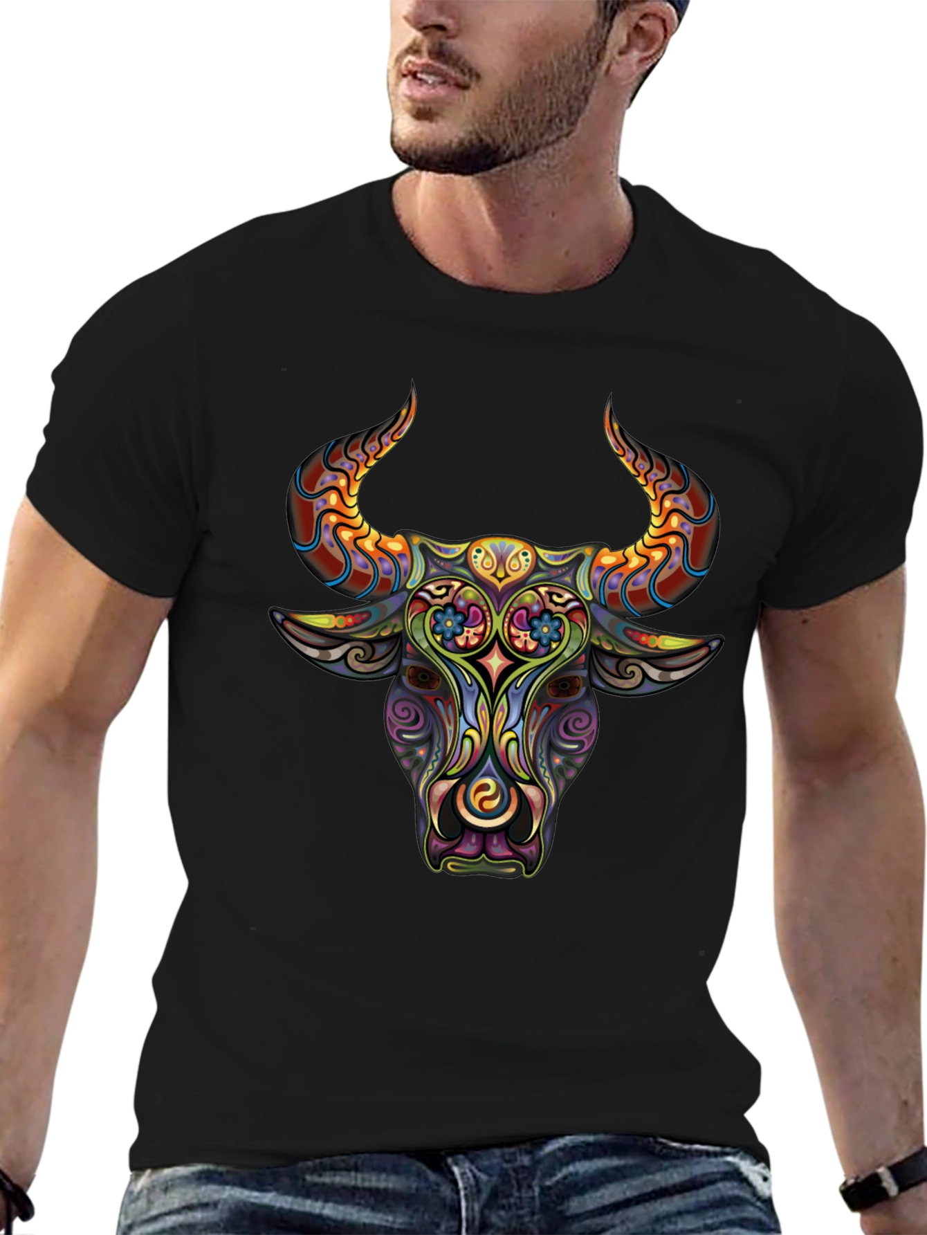 Psychedelic Bull Graphic Tee - Mens Black T-Shirt