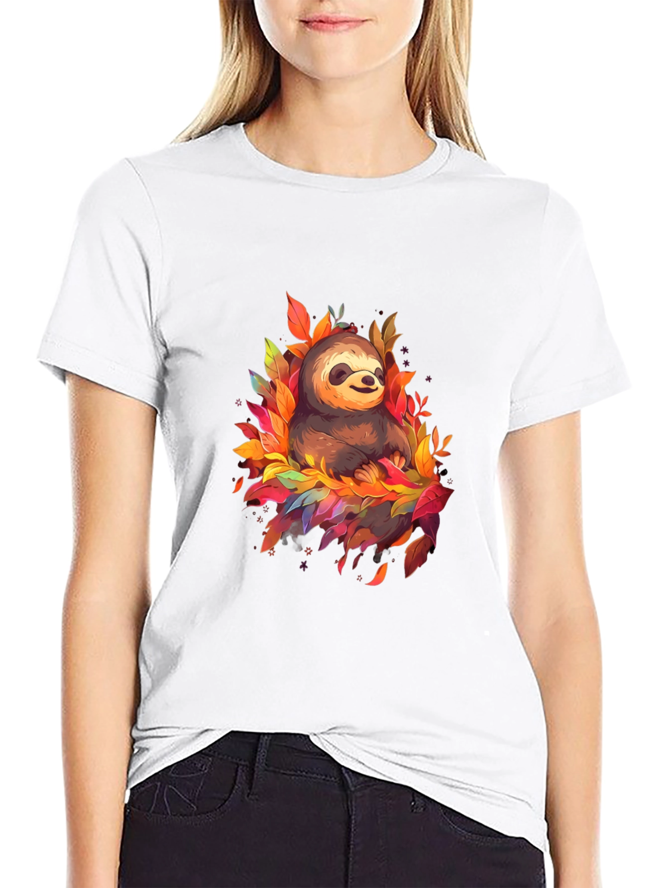 Cute Sloth Fall Leaves Black T-Shirt