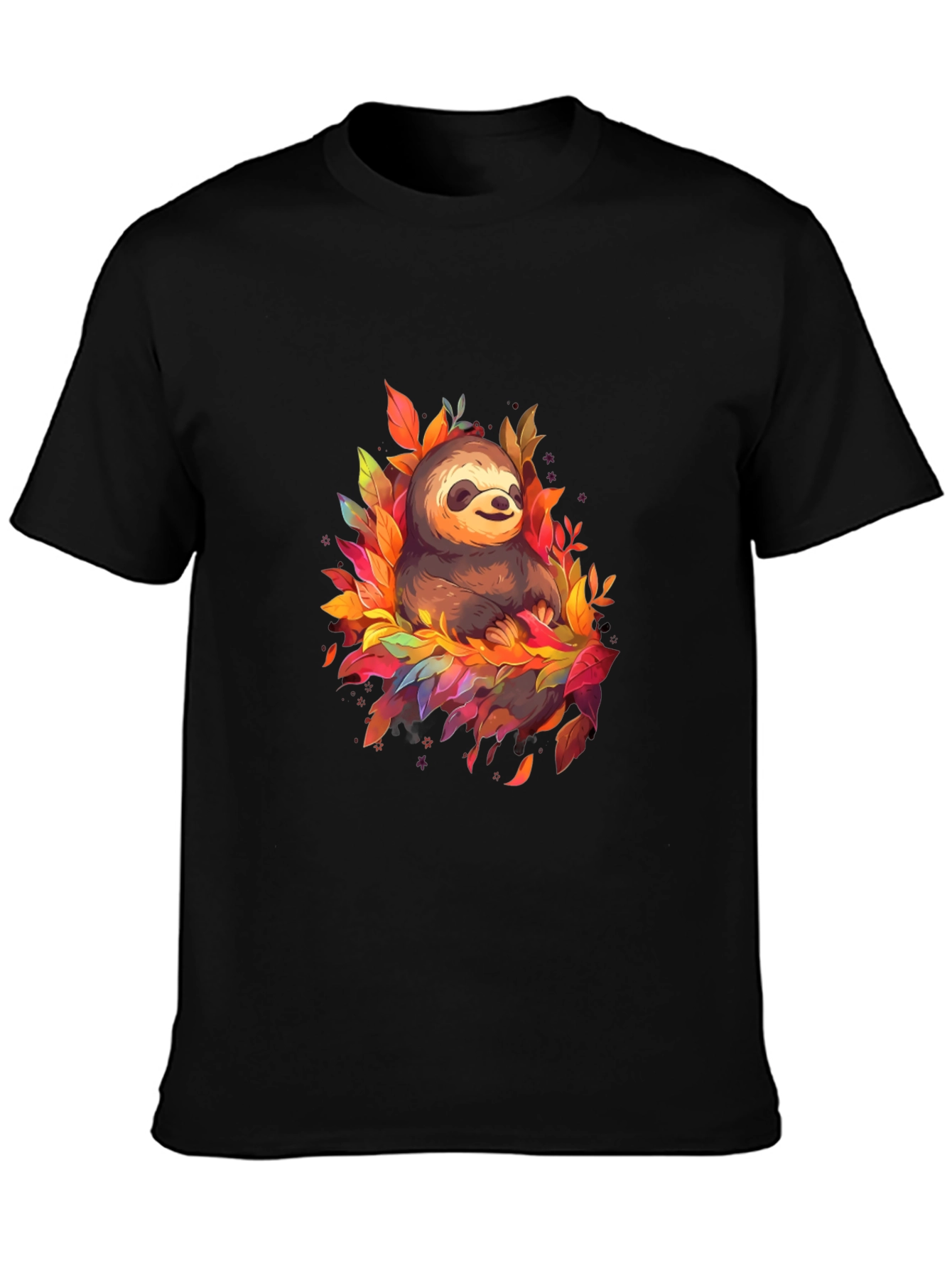 Cute Sloth Fall Leaves Black T-Shirt