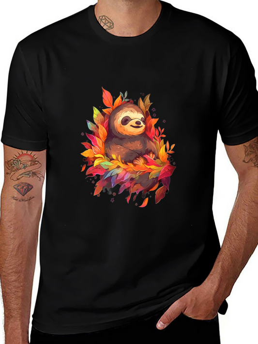 Cute Sloth Fall Leaves Black T-Shirt