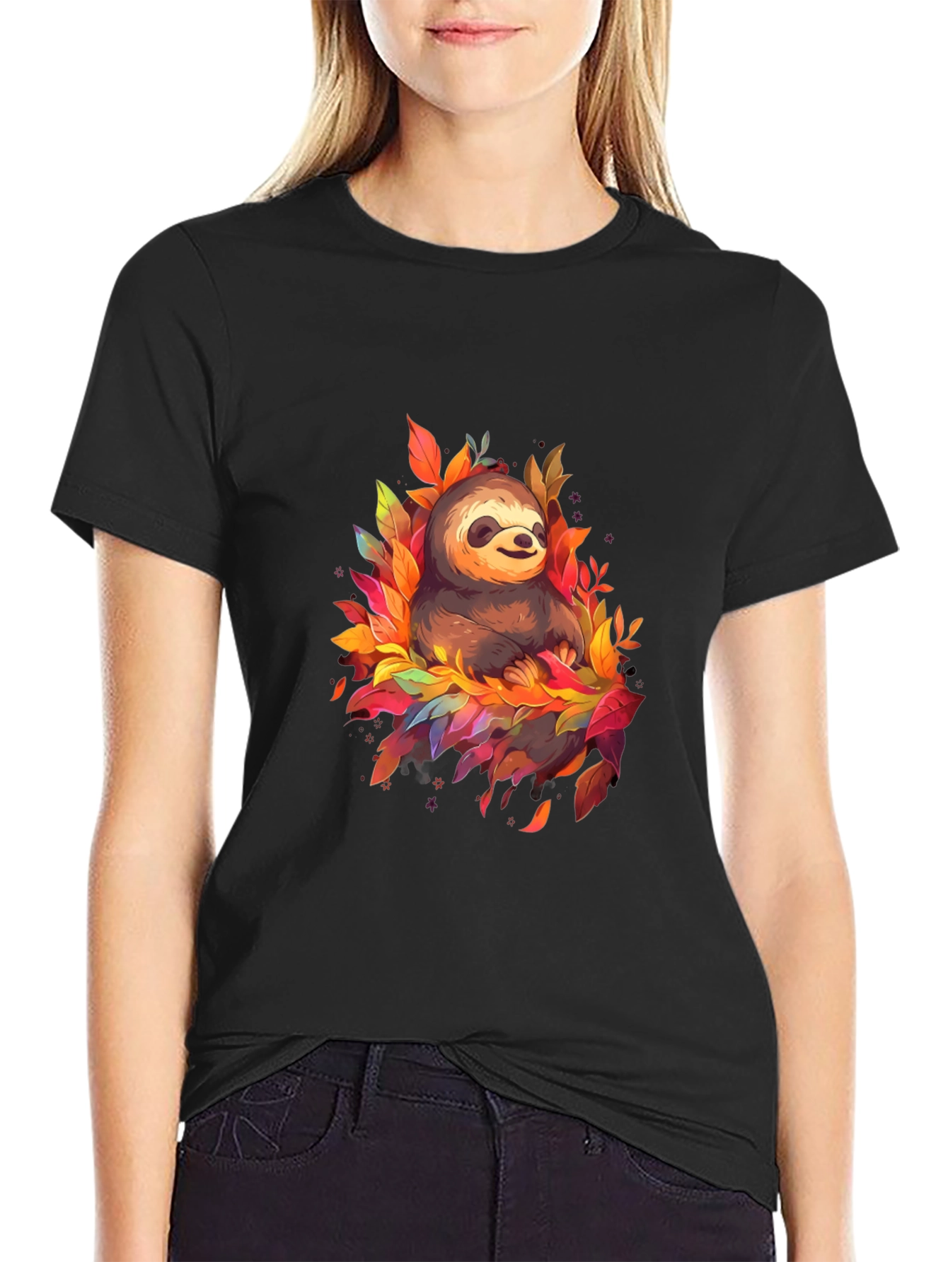 Cute Sloth Fall Leaves Black T-Shirt