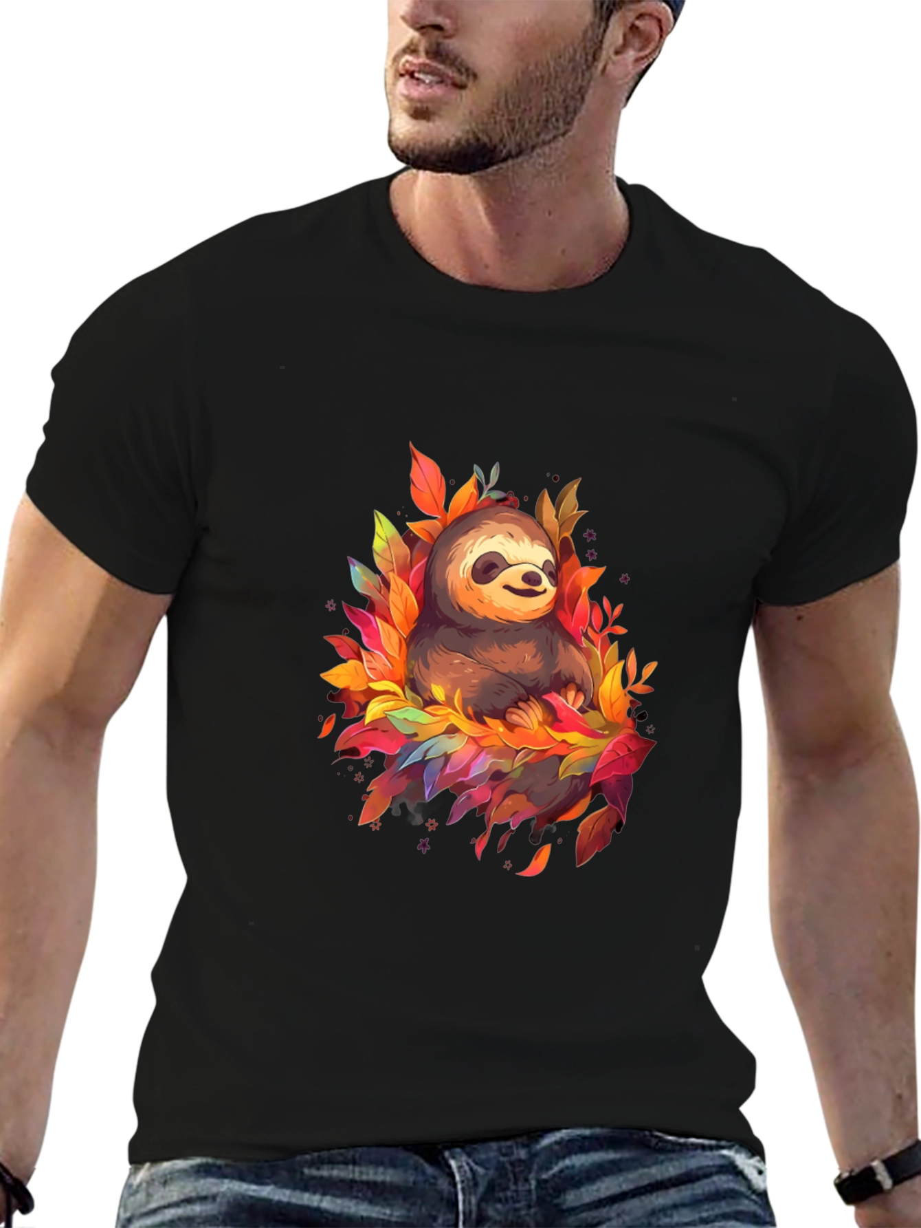 Cute Sloth Fall Leaves Black T-Shirt