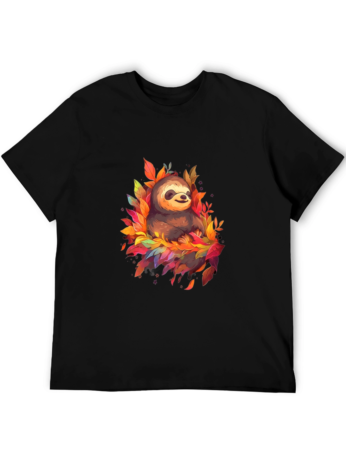 Cute Sloth Fall Leaves Black T-Shirt