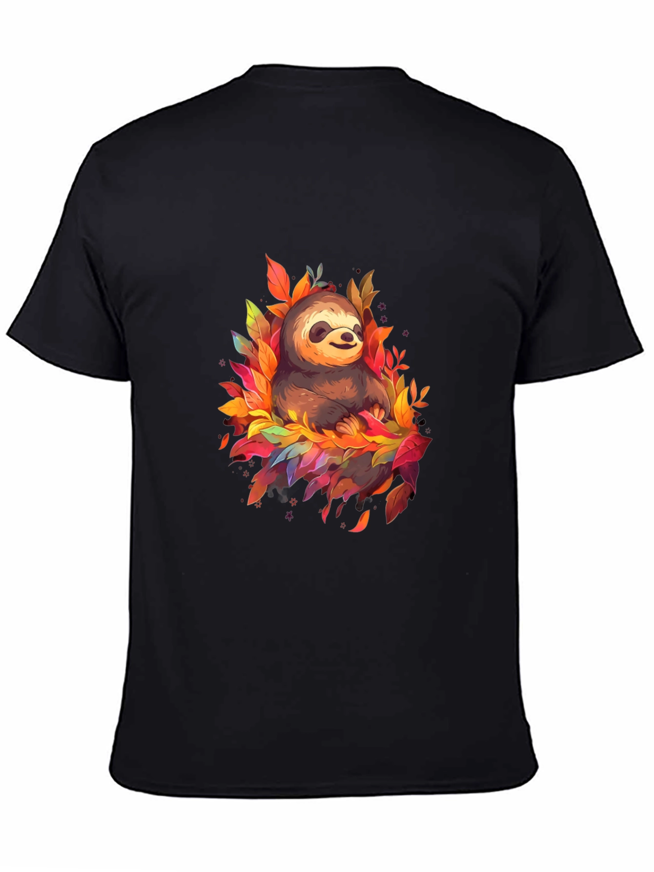 Cute Sloth Fall Leaves Black T-Shirt