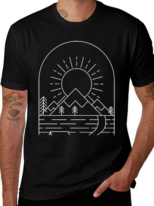 Minimalist Mountain Scene Black T-Shirt