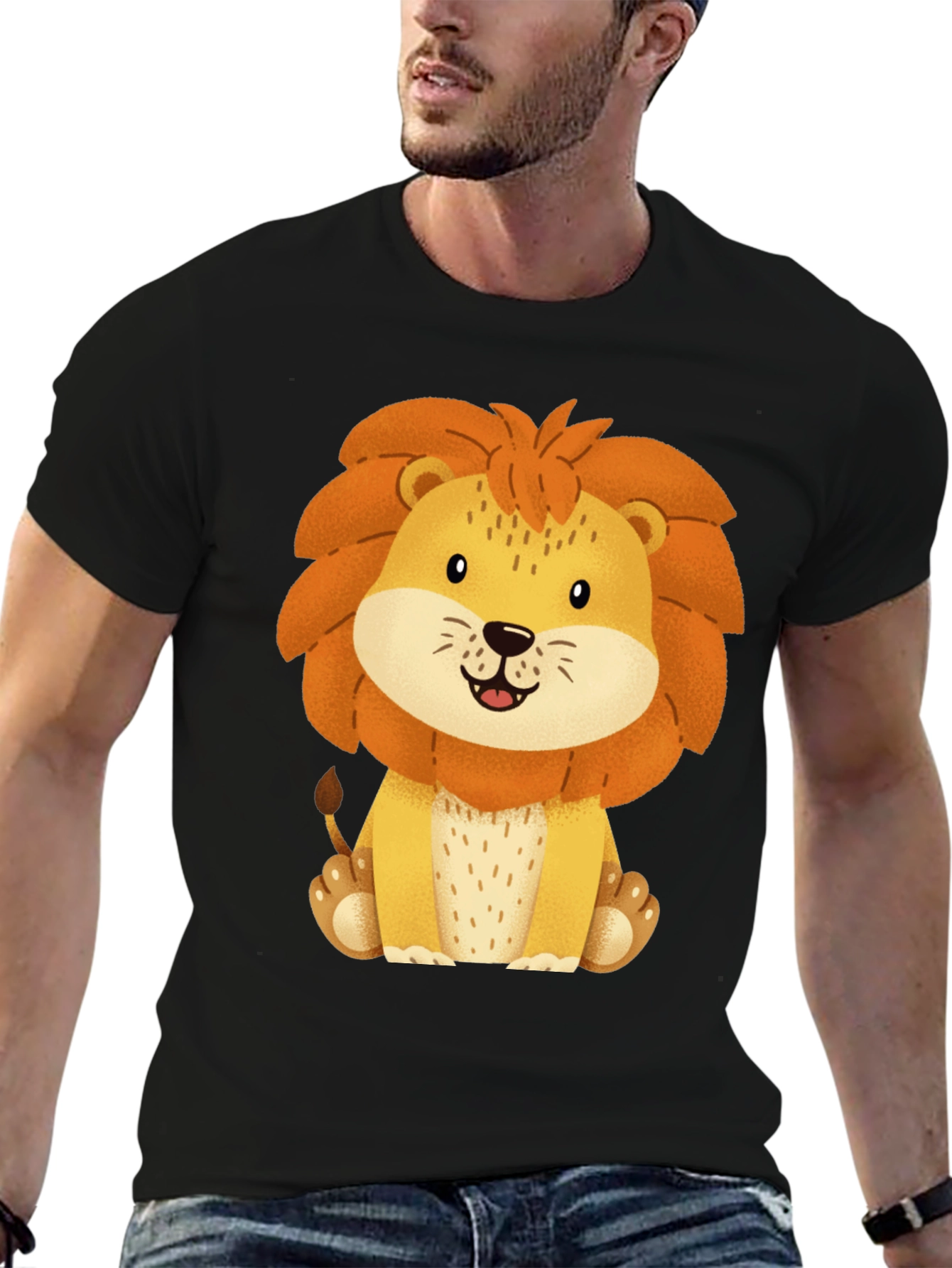 Cute Lion Graphic Tee - Black Cotton T-Shirt