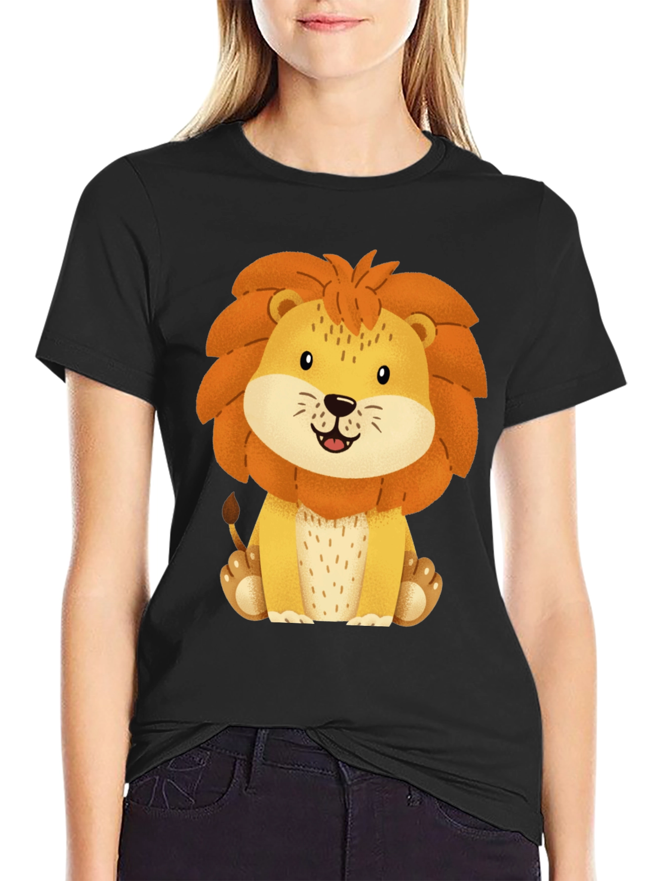 Cute Lion Graphic Tee - Black Cotton T-Shirt