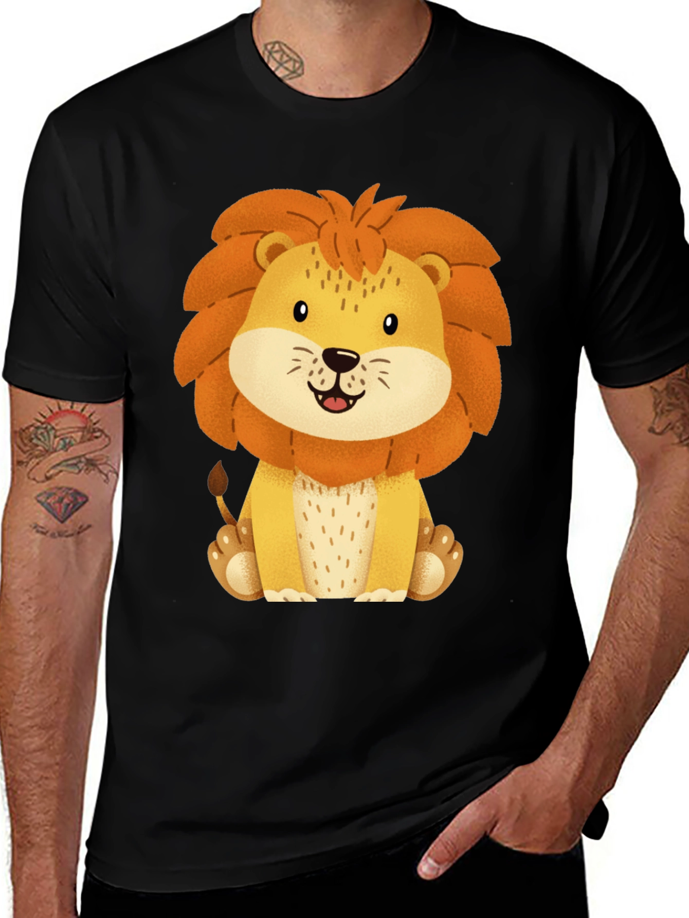 Cute Lion Graphic Tee - Black Cotton T-Shirt