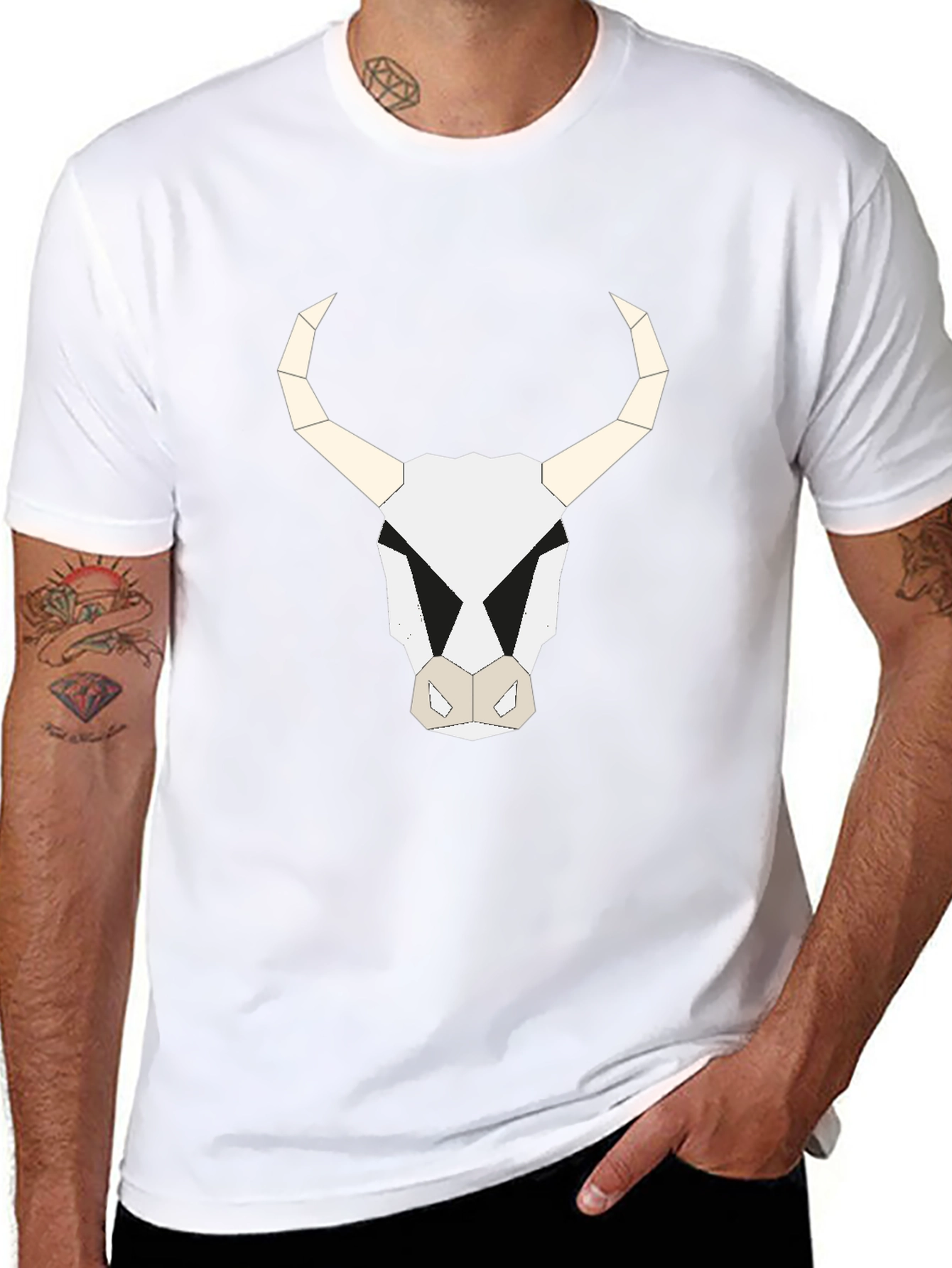 Geometric Bull Skull Graphic Tee - Black