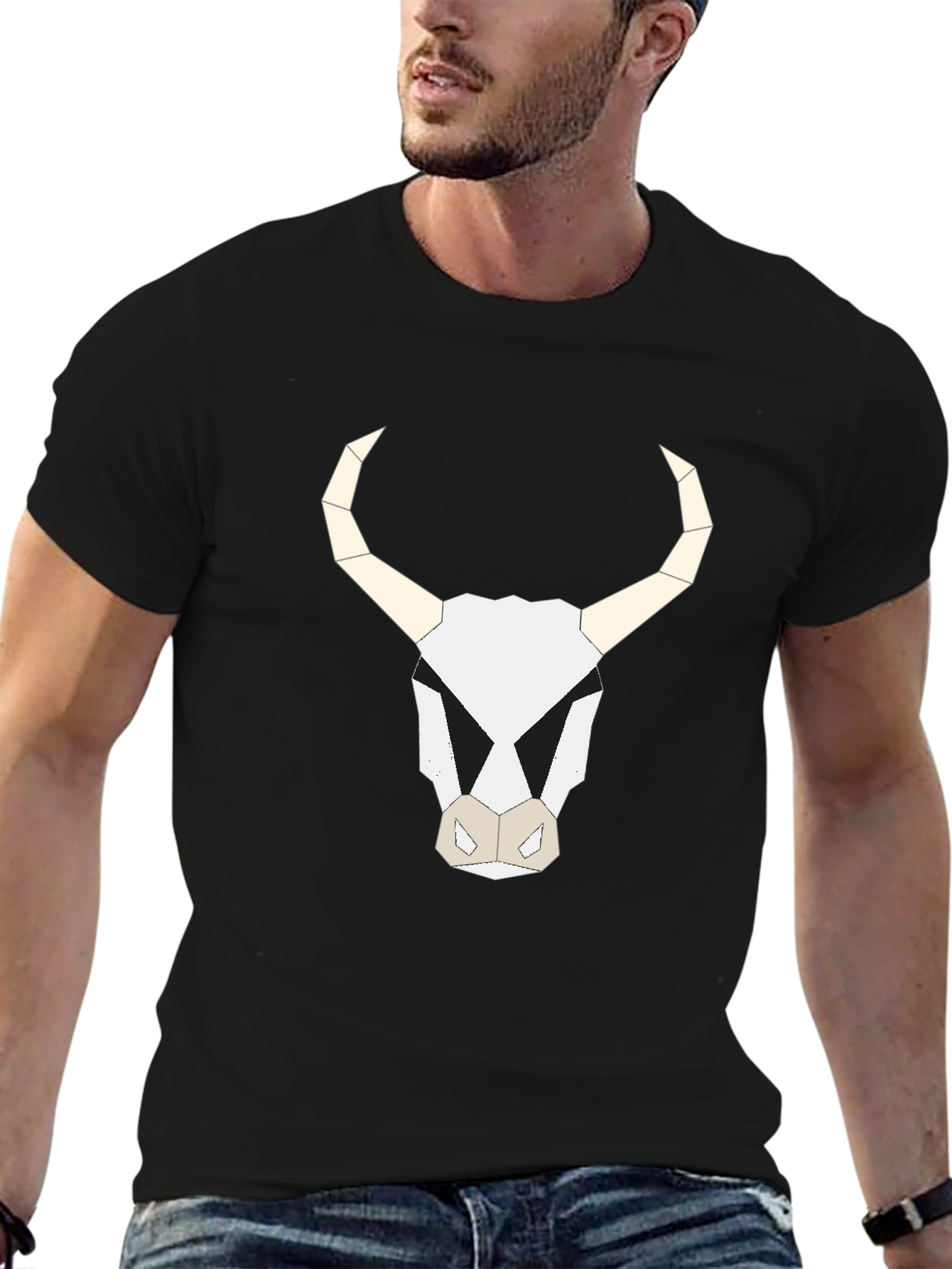 Geometric Bull Skull Graphic Tee - Black