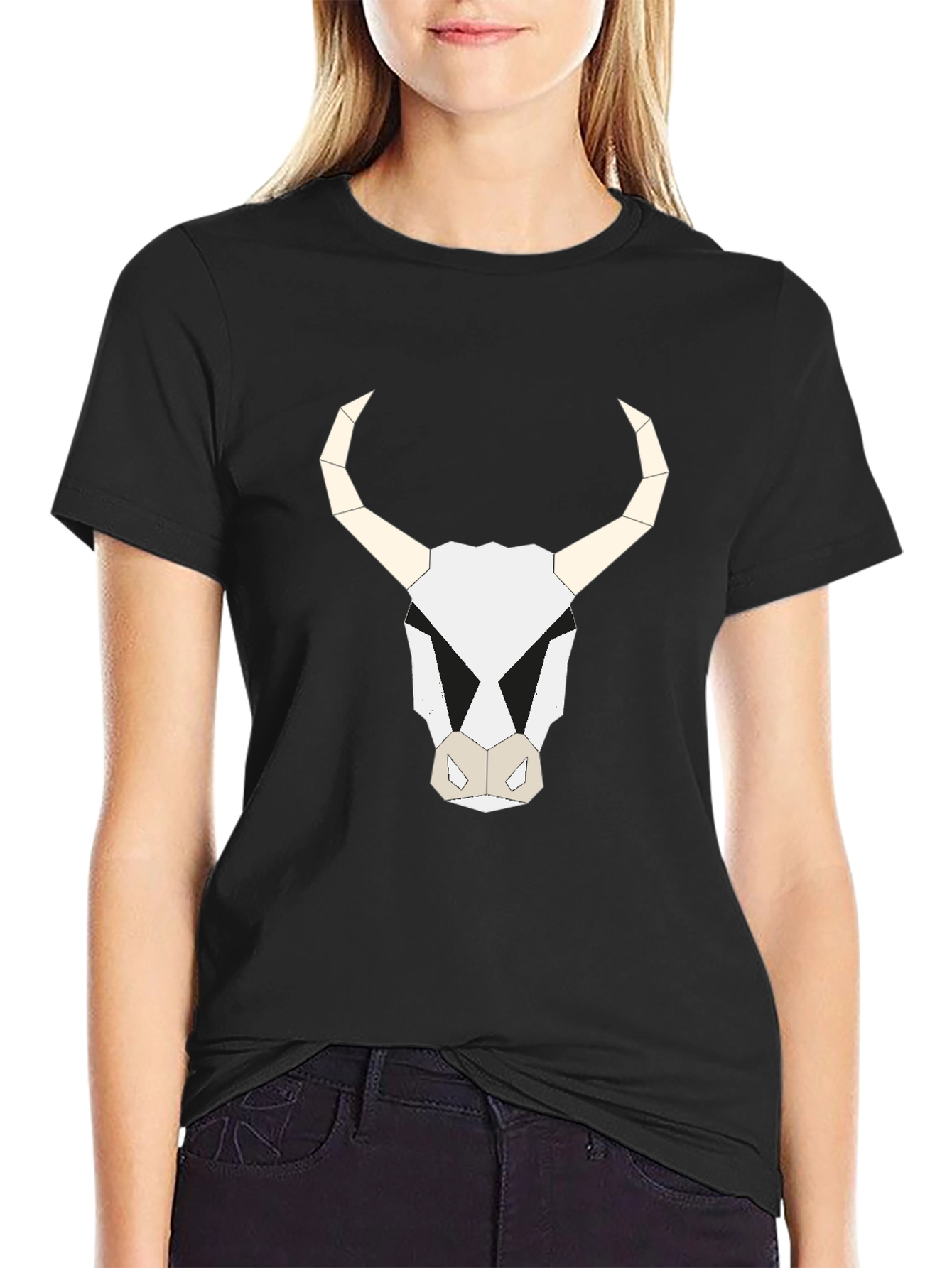 Geometric Bull Skull Graphic Tee - Black
