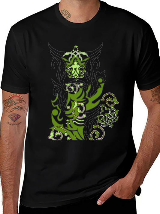 Graphic Print Tee - Unique Green Design on Black Cotton