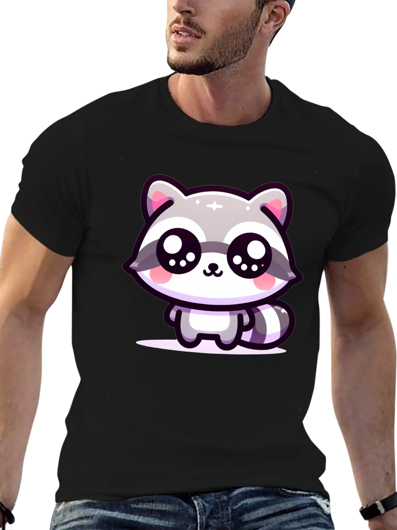 Cute Raccoon Graphic Black T-Shirt