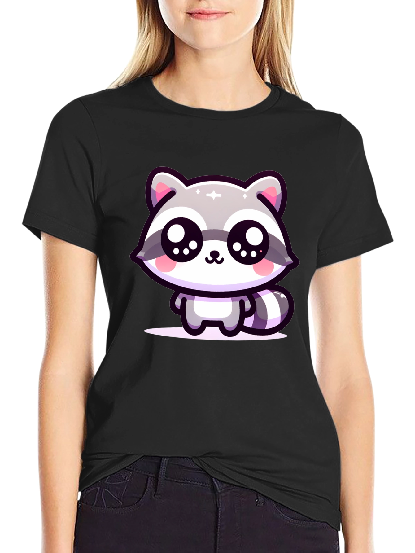 Cute Raccoon Graphic Black T-Shirt