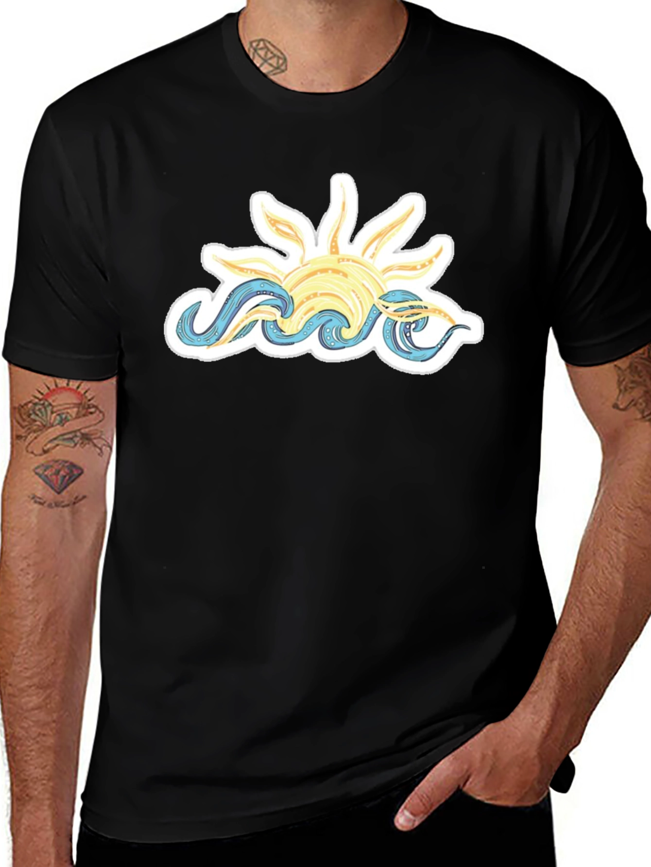 Sun & Waves Graphic Tee - Black Cotton T-Shirt