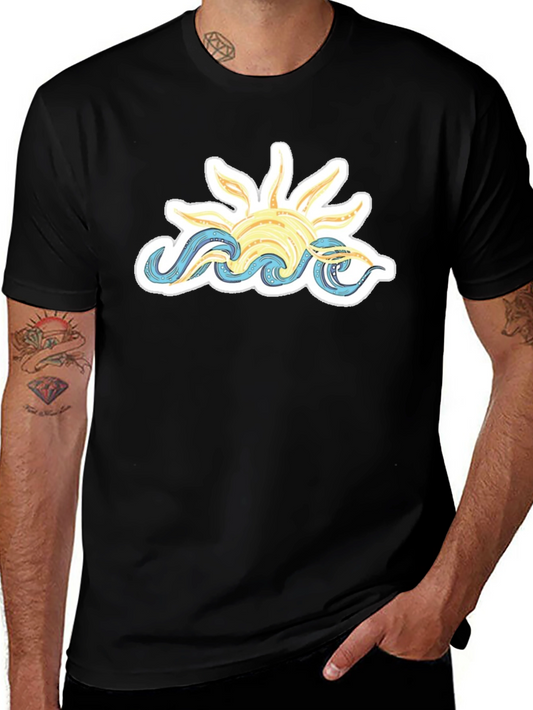 Sun & Waves Graphic Tee - Black Cotton T-Shirt