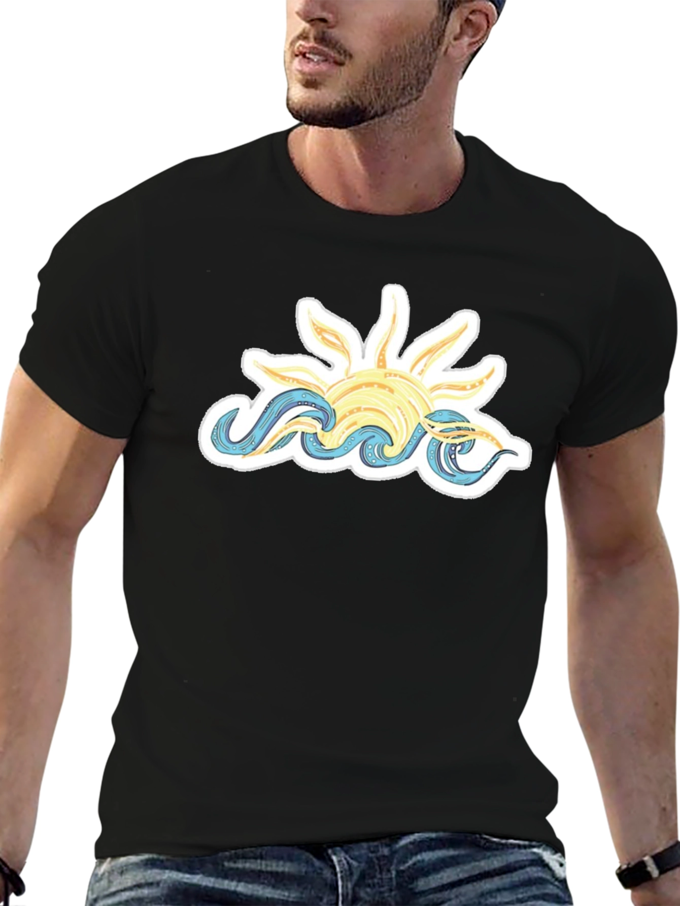 Sun & Waves Graphic Tee - Black Cotton T-Shirt