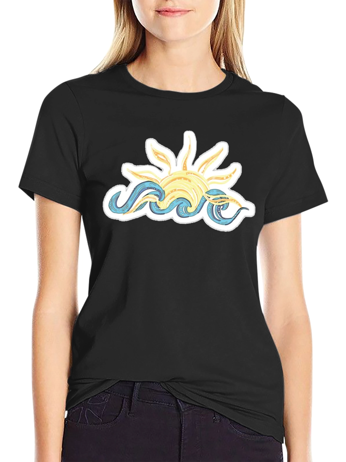 Sun & Waves Graphic Tee - Black Cotton T-Shirt