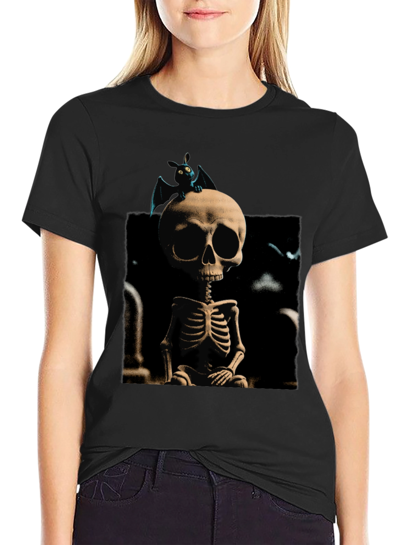 Spooky Skeleton & Bat Graphic Tee