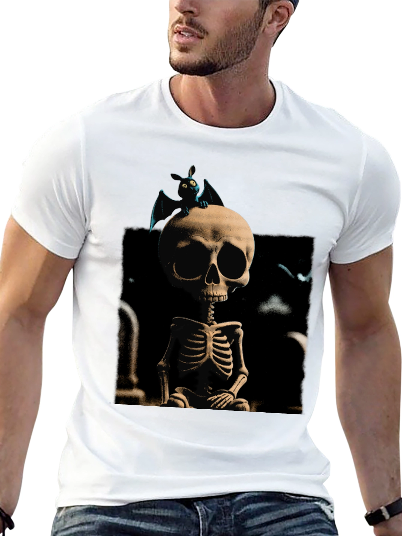 Spooky Skeleton & Bat Graphic Tee