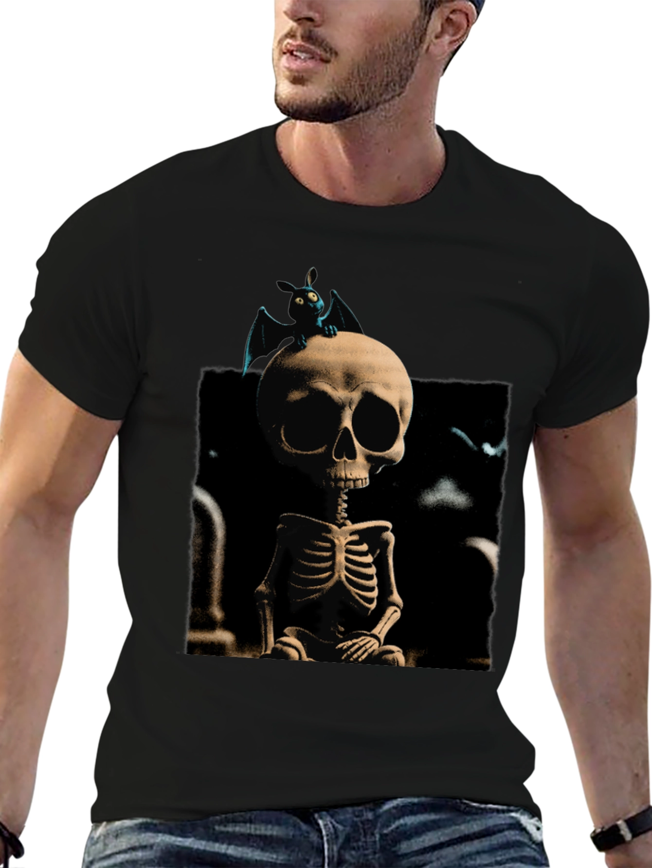Spooky Skeleton & Bat Graphic Tee