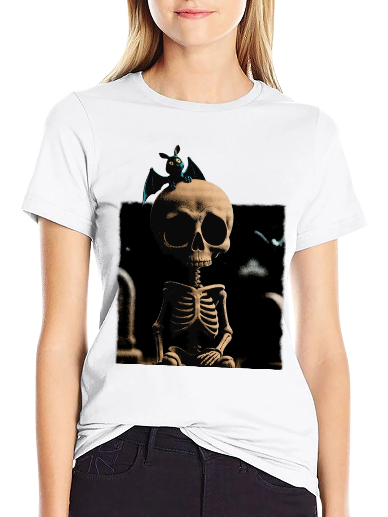Spooky Skeleton & Bat Graphic Tee
