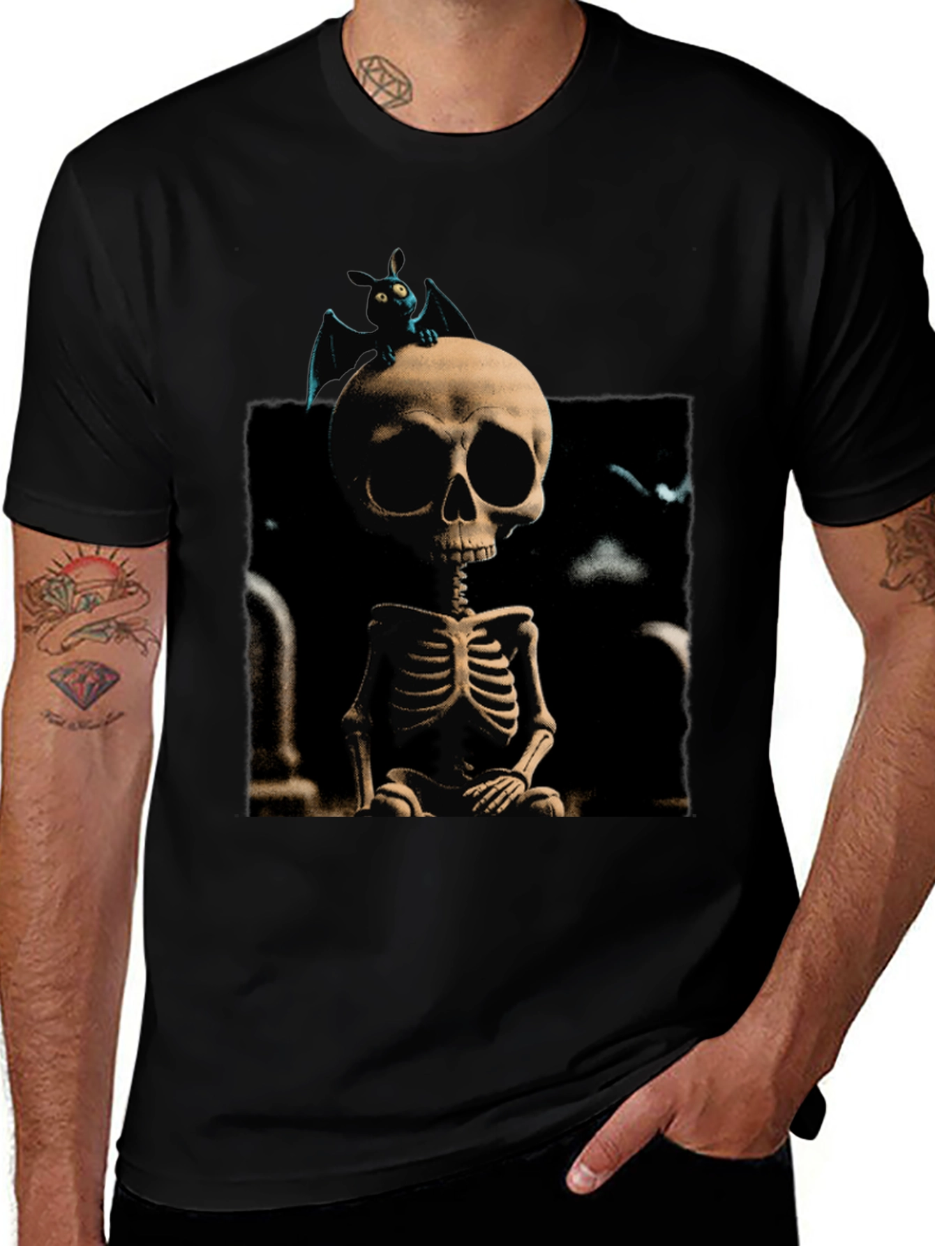 Spooky Skeleton & Bat Graphic Tee