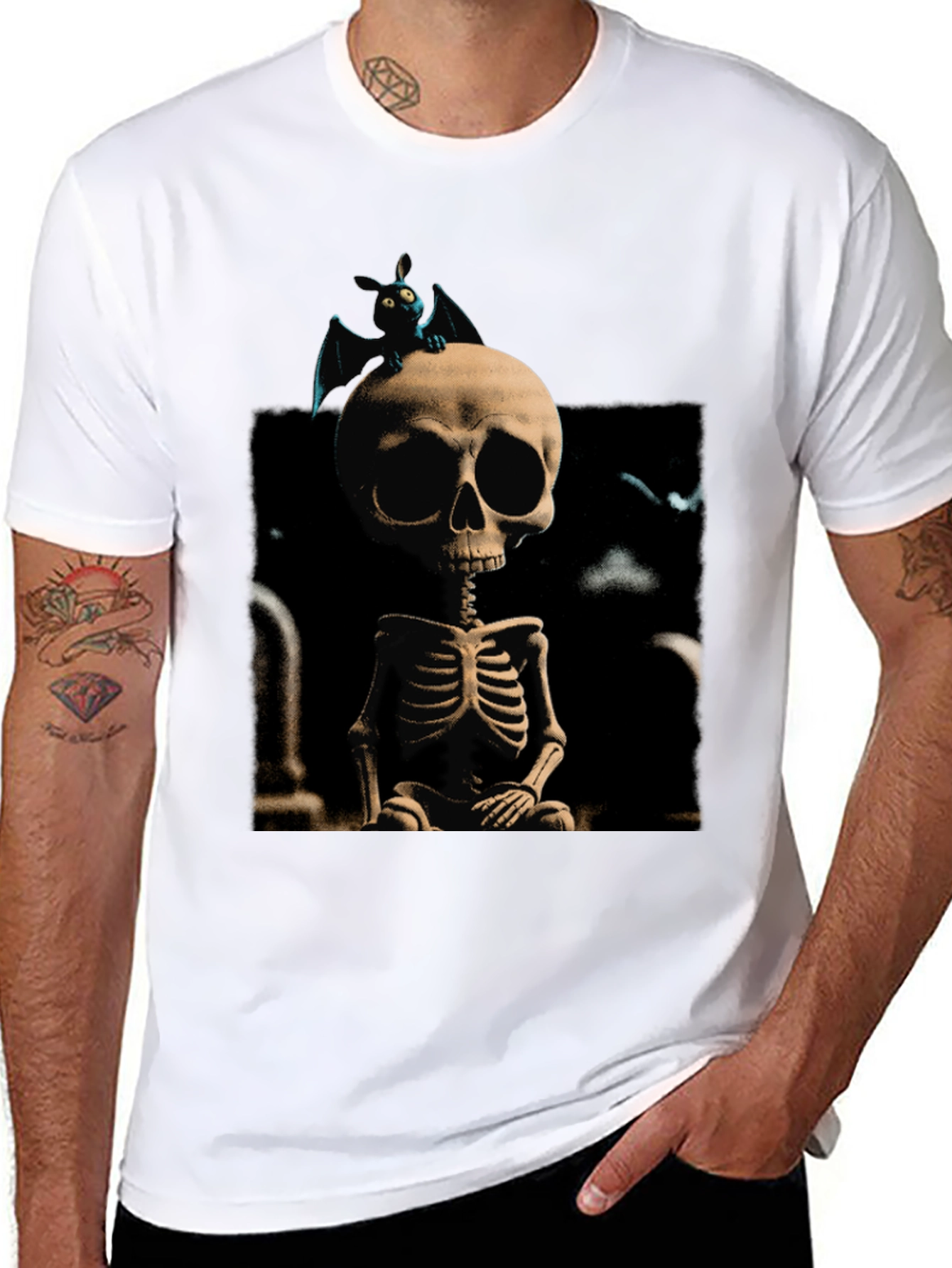 Spooky Skeleton & Bat Graphic Tee